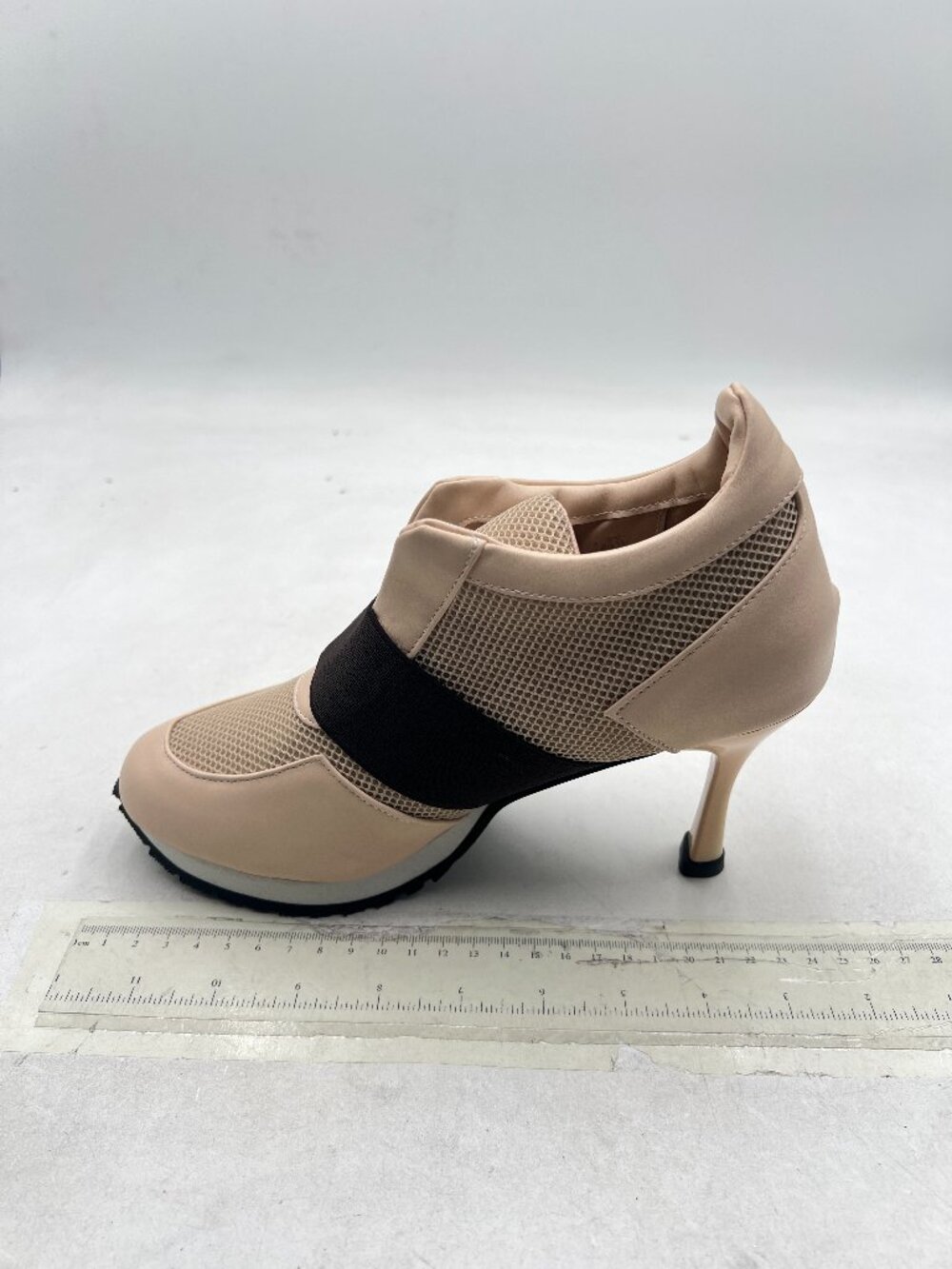 Beige Women Chic Round Toe Sneaker Heels Mesh Strap Stiletto Pumps Fashion Shoes